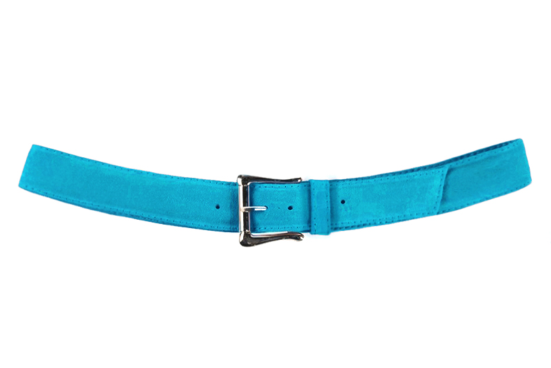 Turquoise blue women's dress belt, matching pumps and bags. Made to measure. Profile view - Florence KOOIJMAN